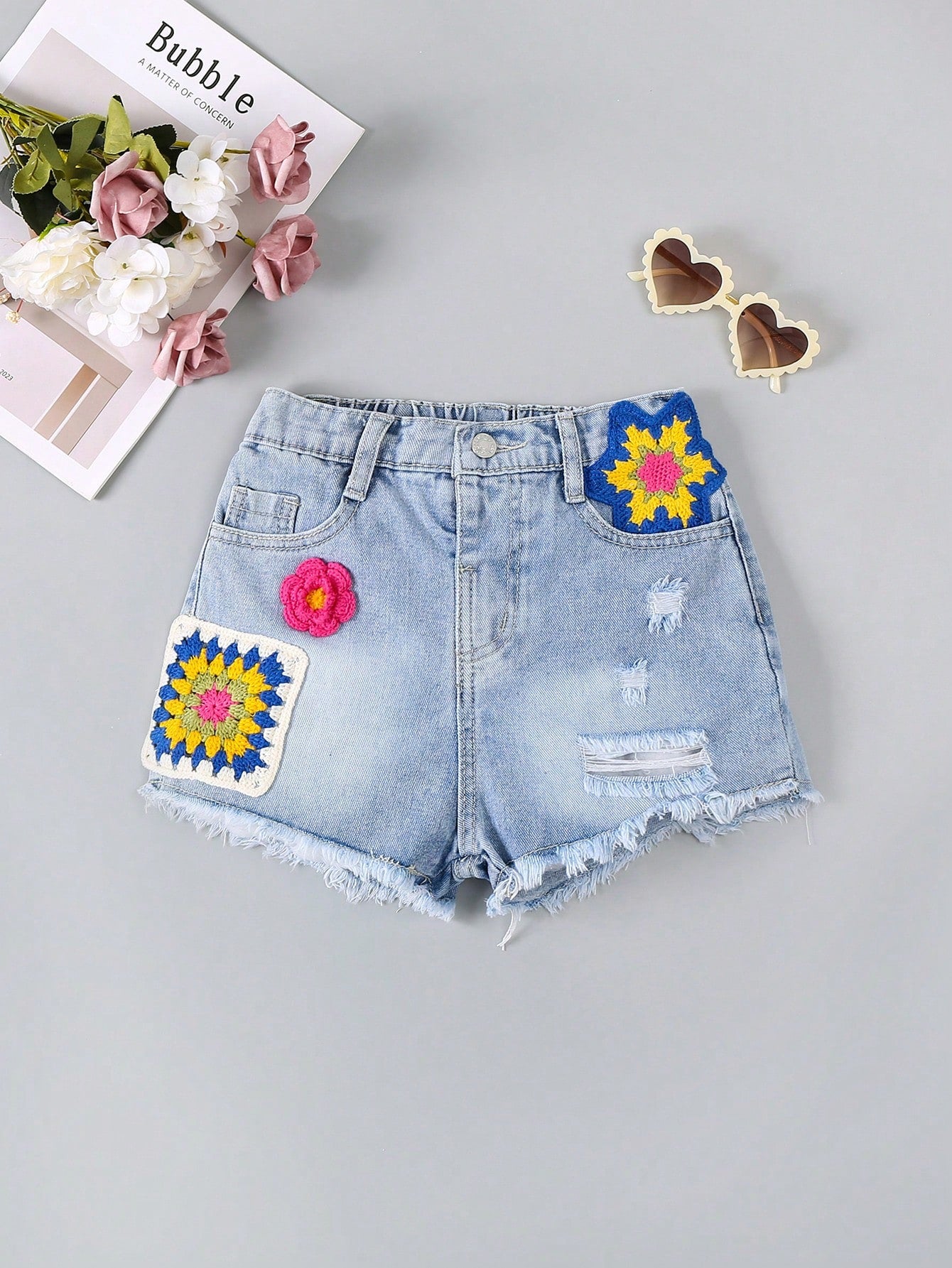 Tween Girls' Casual Vacation Style Crochet Detail & Flower Pattern & Distressed Light Blue Denim Shorts