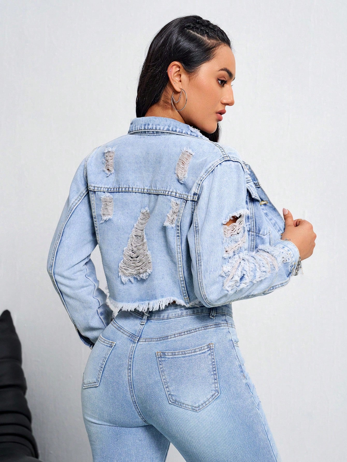 Ripped Raw Hem Crop Denim Jacket
