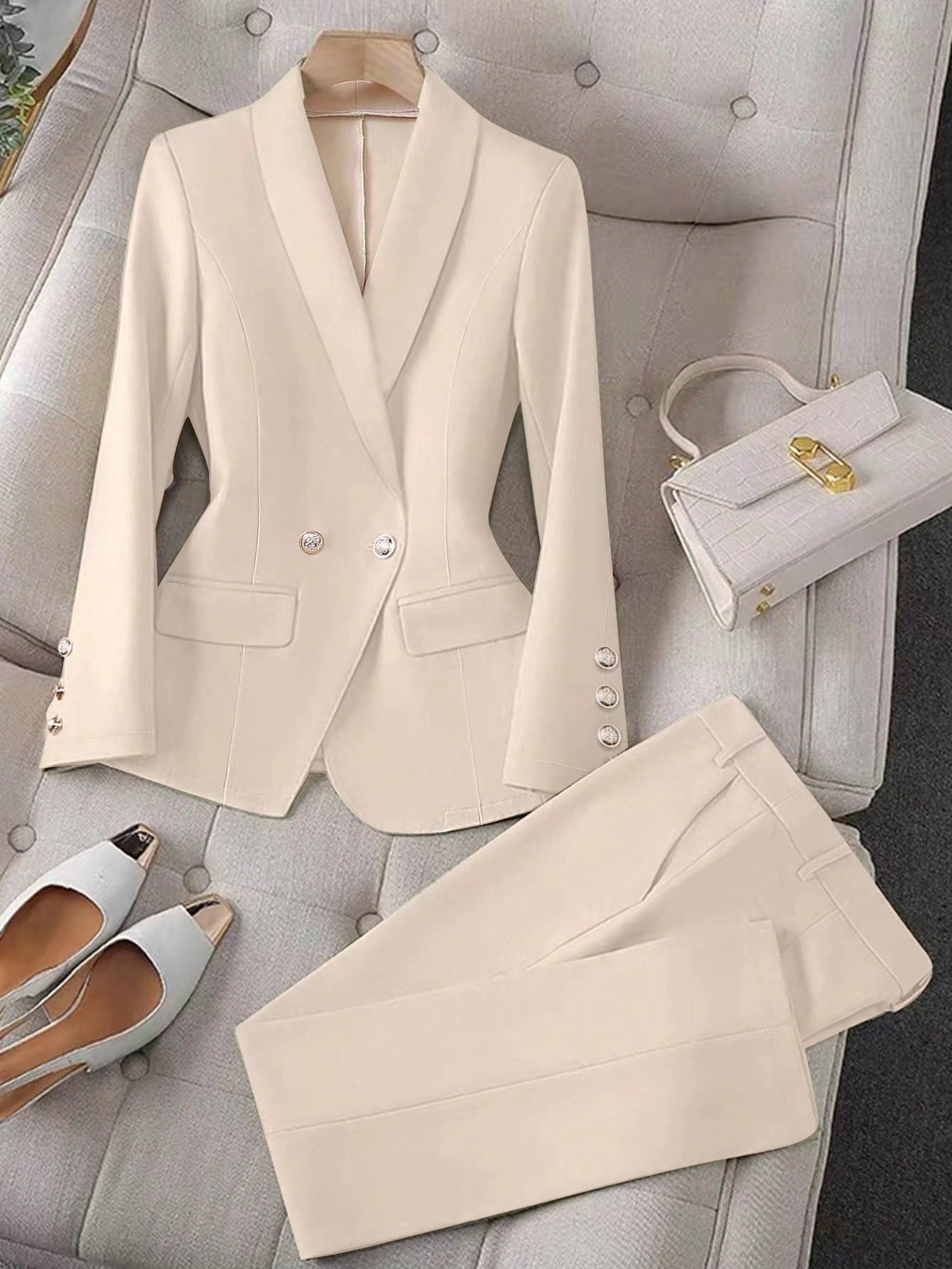 Apricot Long Sleeve Lapel Lady Suit Set