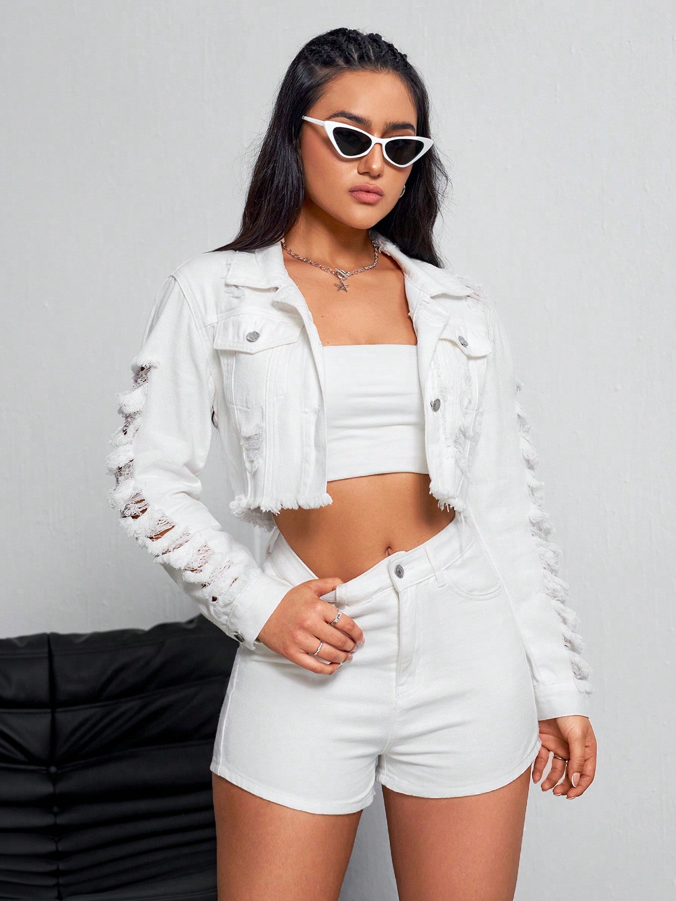 Women's Distressed Frayed Hem Tie Waist Denim Jacket