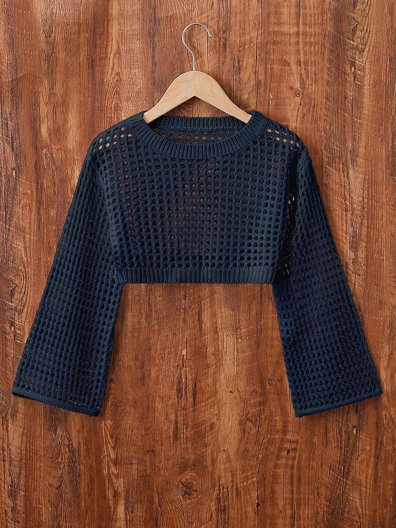 Tween Girl Simple Hollow Knit Round Neck Flare Sleeve Sweater