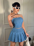 Women Tight Strapless Crop Top And Pleated Skirt Set For Party Or Club In Summer