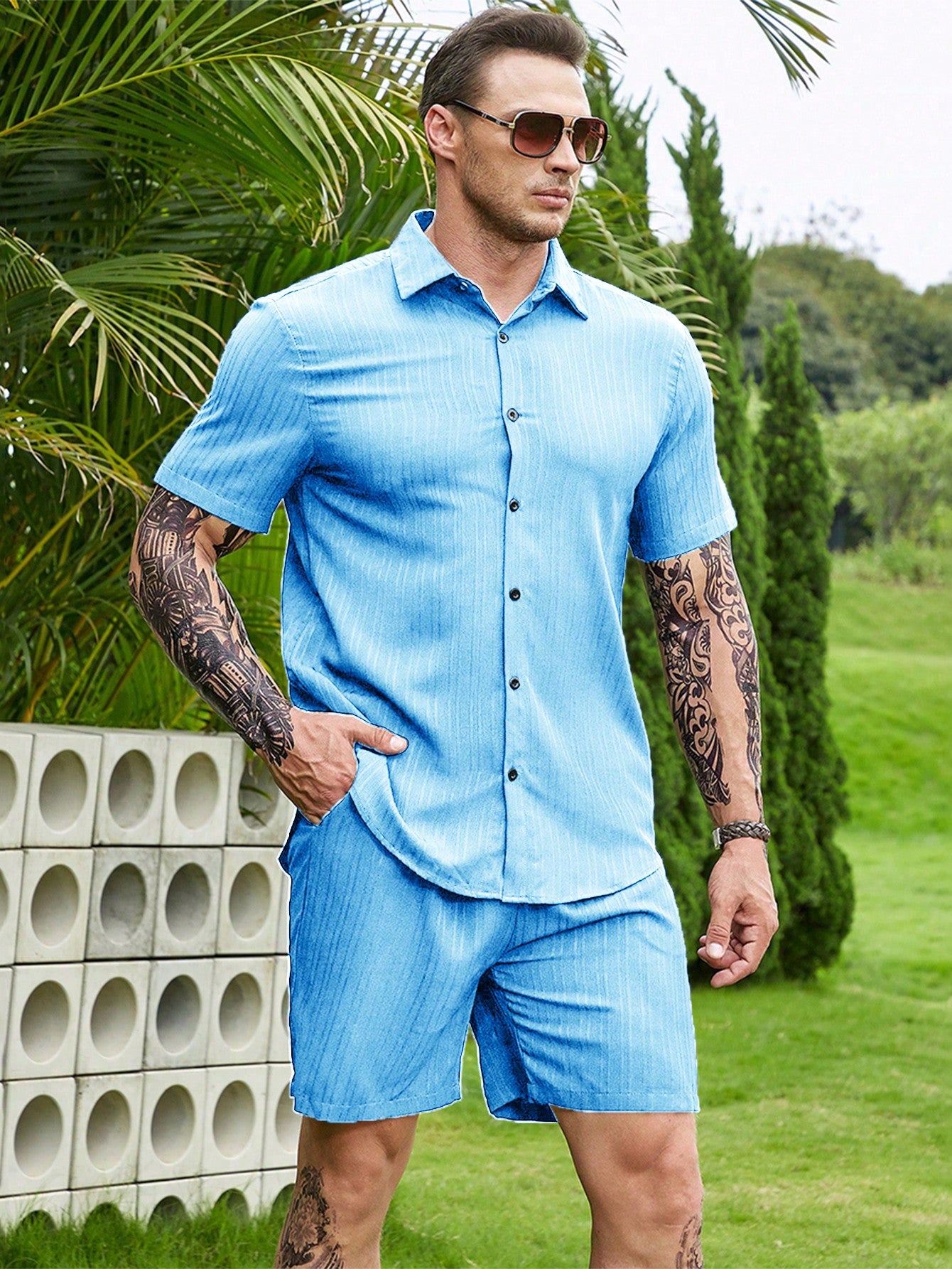 Men's Plus Size Vacation Casual Solid Color Short Sleeve Shirt And Shorts Set
