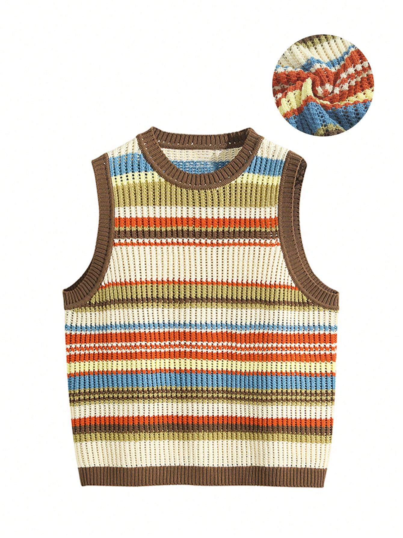 American-Style Colorblock Stripe Knitted Hollow-Out Sleeveless Sweater Vest, Summer Casual Fashion Top