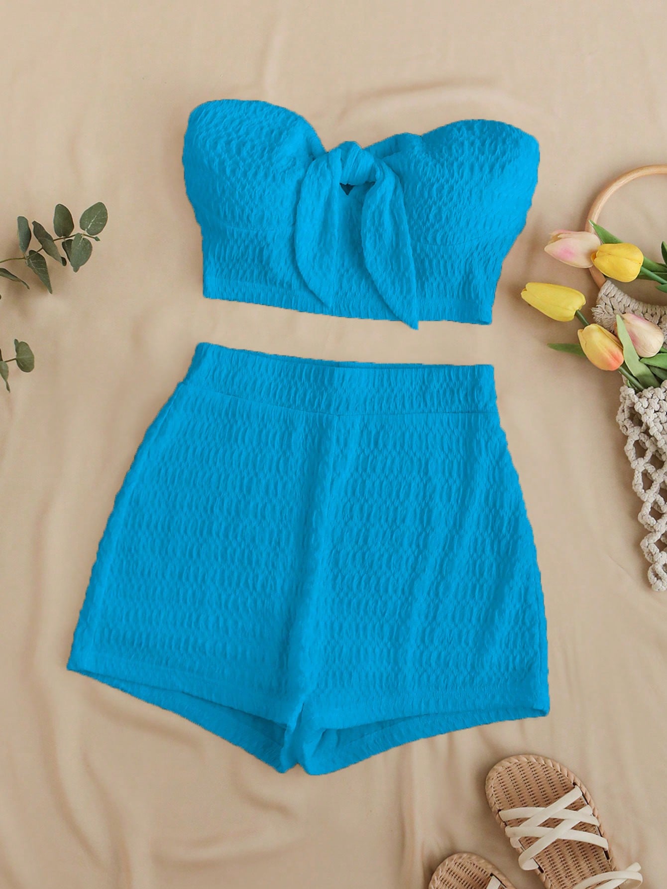 Summer Solid Texture Bandeau Top And High-Waisted Shorts Casual Vacation Two Piece Set