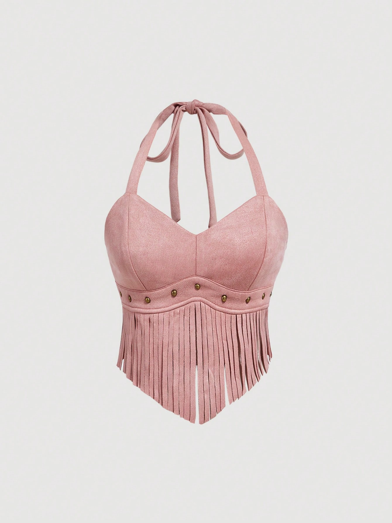 Summer Vintage Suede Halter Neck Top With Tassel Fringe Decoration