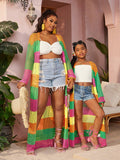 Tween Girl Vacation Casual Spring/Summer Multicolored Striped Knitted Cardigan Sweater, Mommy And Me Matching Outfits (2 Pieces Are Sold Separately)