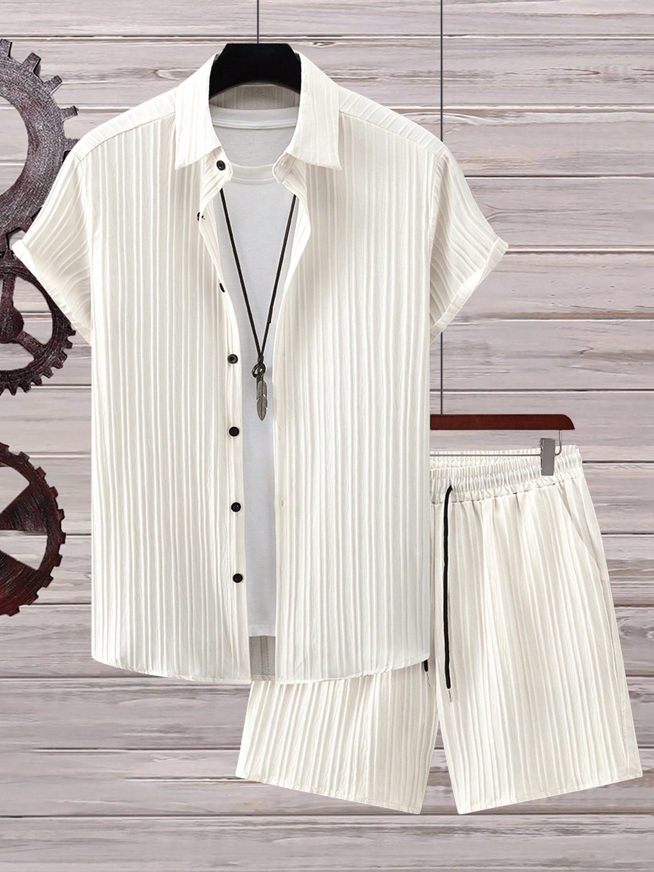 Men's Plus Size Holiday Casual Solid Color Short Sleeve Shirt & Shorts 2pcs Set