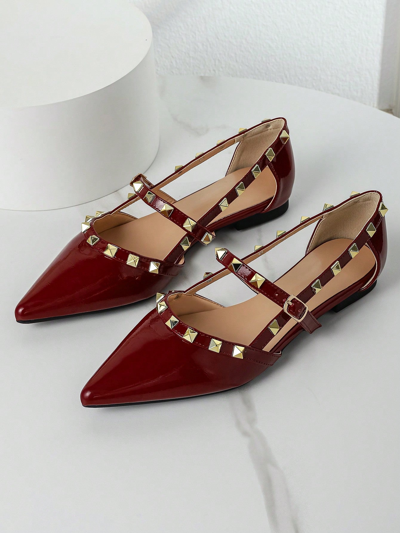 Studded Decor Point Toe Mary Jane Flats, Apricot Color Fashionable Studded Solid Color Women's Flat Shoes