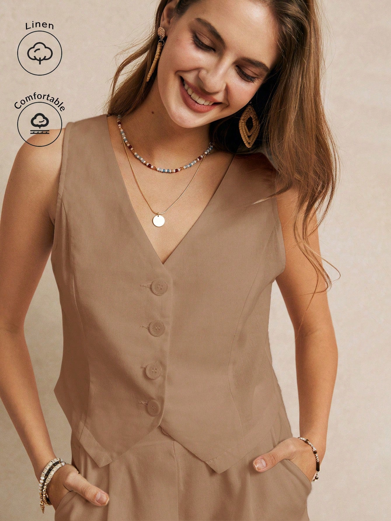 Frenchy Summer Vacation Wedding Season, Casual Boho Chic Solid Color Minimalist Draped V-Neck Sleeveless Blazer With Decorative Button Details, Elegant Romantic, Cute Top, Short Women Sets, White Essential, Summer Outfit, Wedding Season Essential, Cottage