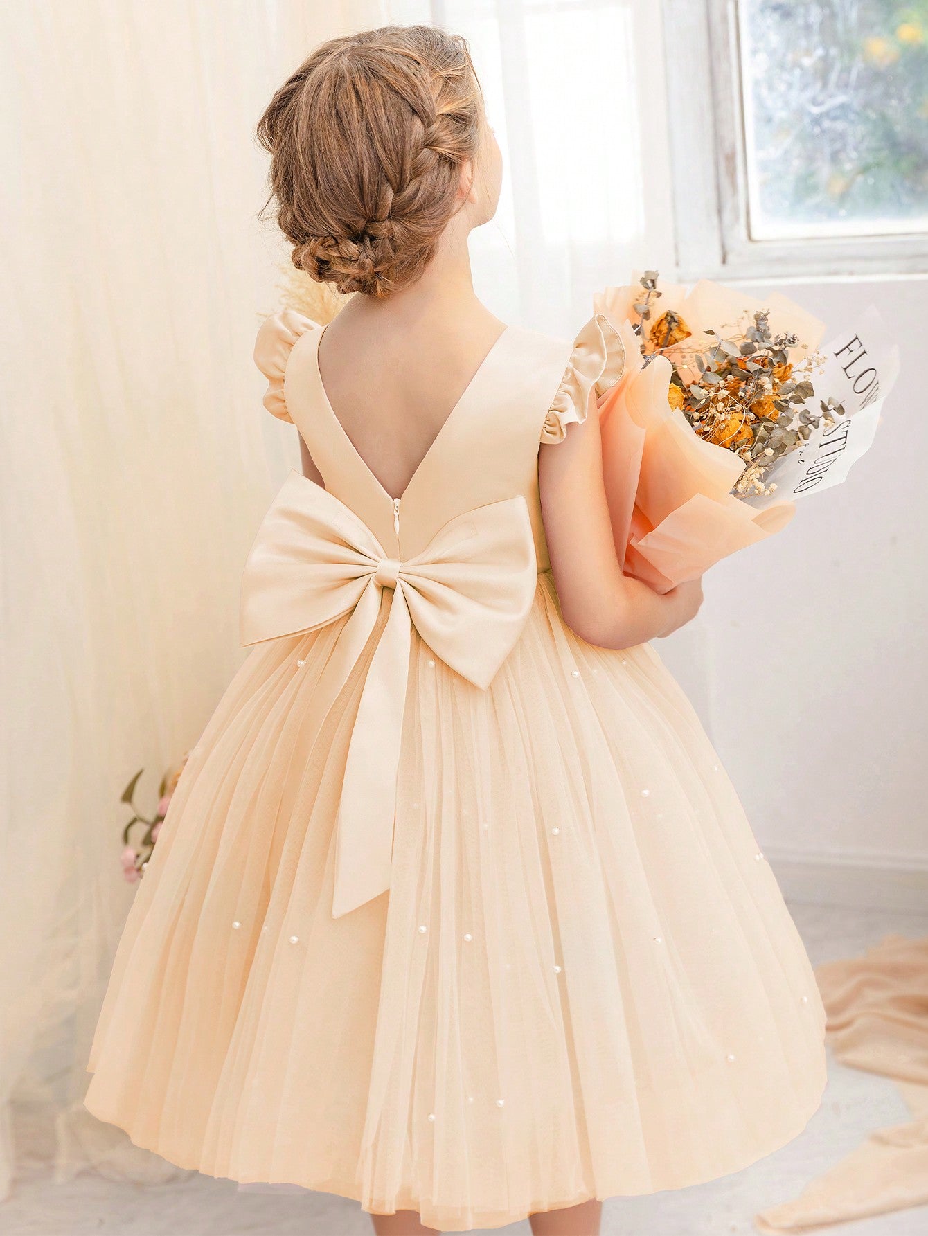 Young Girl Flutter Sleeve Mesh Party Dress, Suitable For Birthday Party, Dance Party, Casual Wear, Instrumental Performance, Stage Performance, Etc.