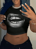 Casual Lip Print Round Neck Short Sleeve Cropped Fitted T-Shirt For Women, Summer