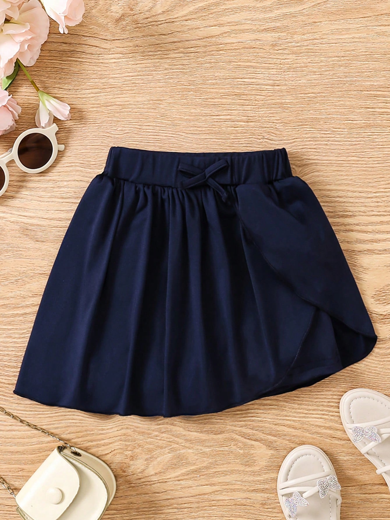 Young Girls Solid Color Asymmetrical Hem Skort With Bow Decoration, Casual