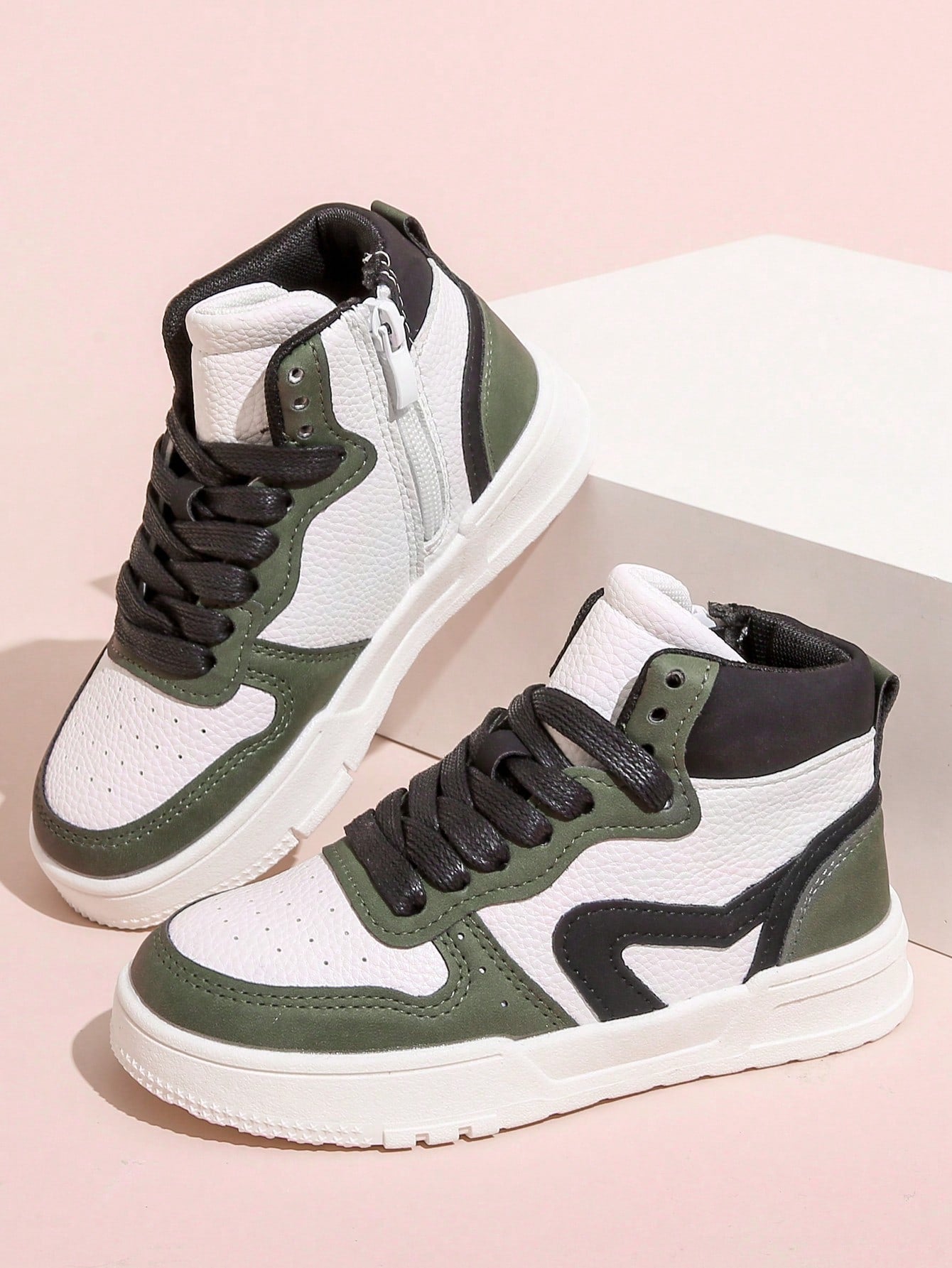 Kids/Girls' Outdoor Lace-Up Closure Casual Sports Shoes, White, Rose Pink, Beige Color Block High-Top Skating Shoes, Leather Upper, Zipper Closure, Perforated Design, Comfortable Padded Collar, Mid-Top, Fashionable Retro Streetwear, Multi-Functional Daily
