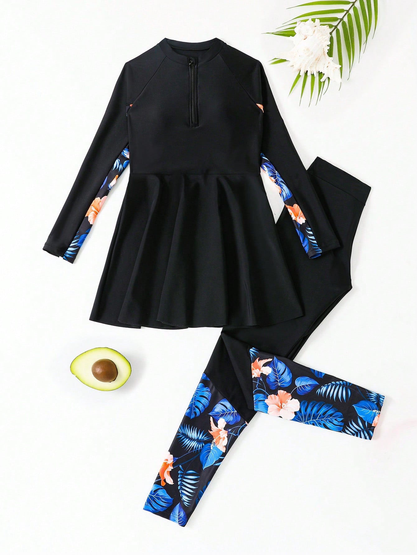 Tween Girl Full Body Tropical Print Flounce Hem Rashguard Summer Beach