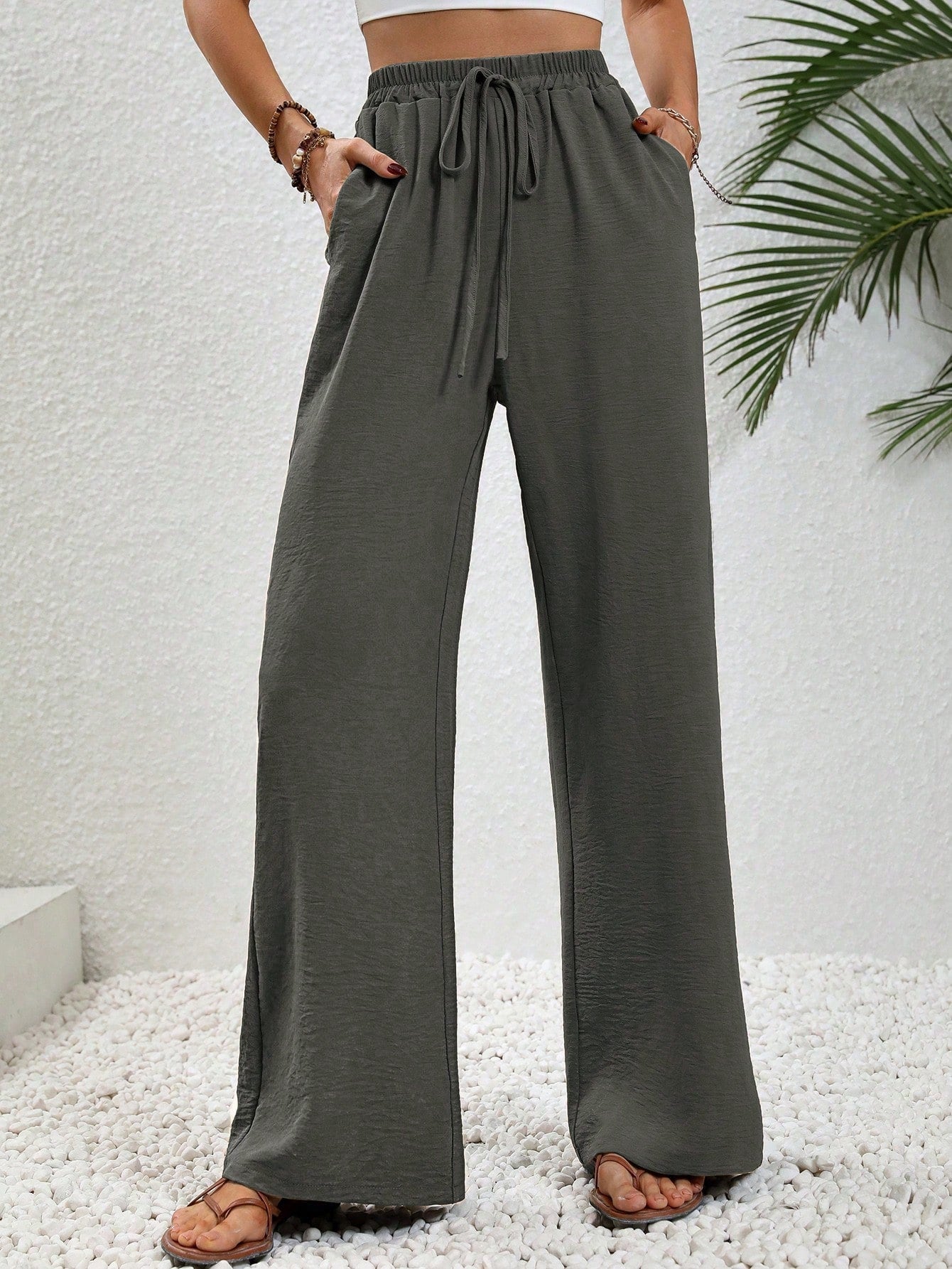 Drawstring Waist Slant Pocket Wide Leg Pants