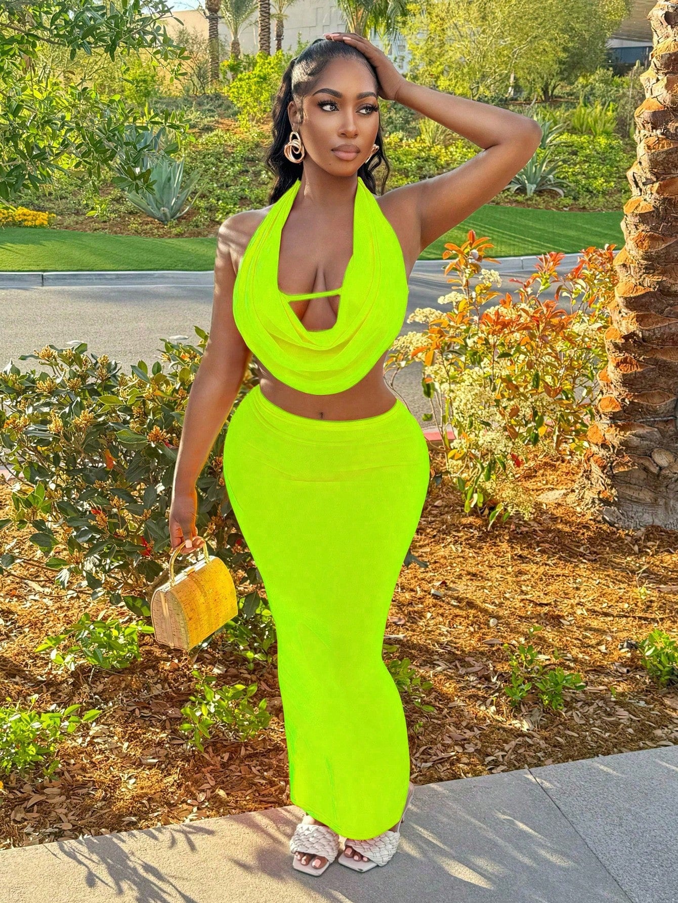 Women Sexy V-Neck Cami Top And Skirt Set, Solid Color