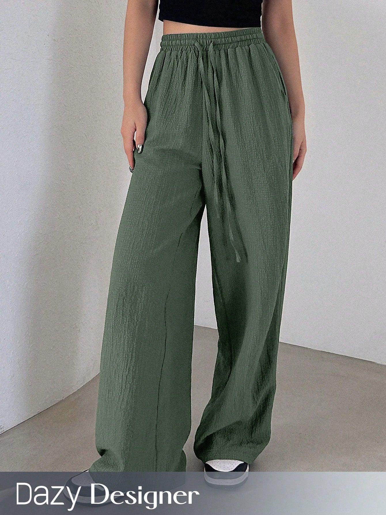 Designer Solid Color Elastic Waist Loose Fit Long Women Casual Pants With Drawstring