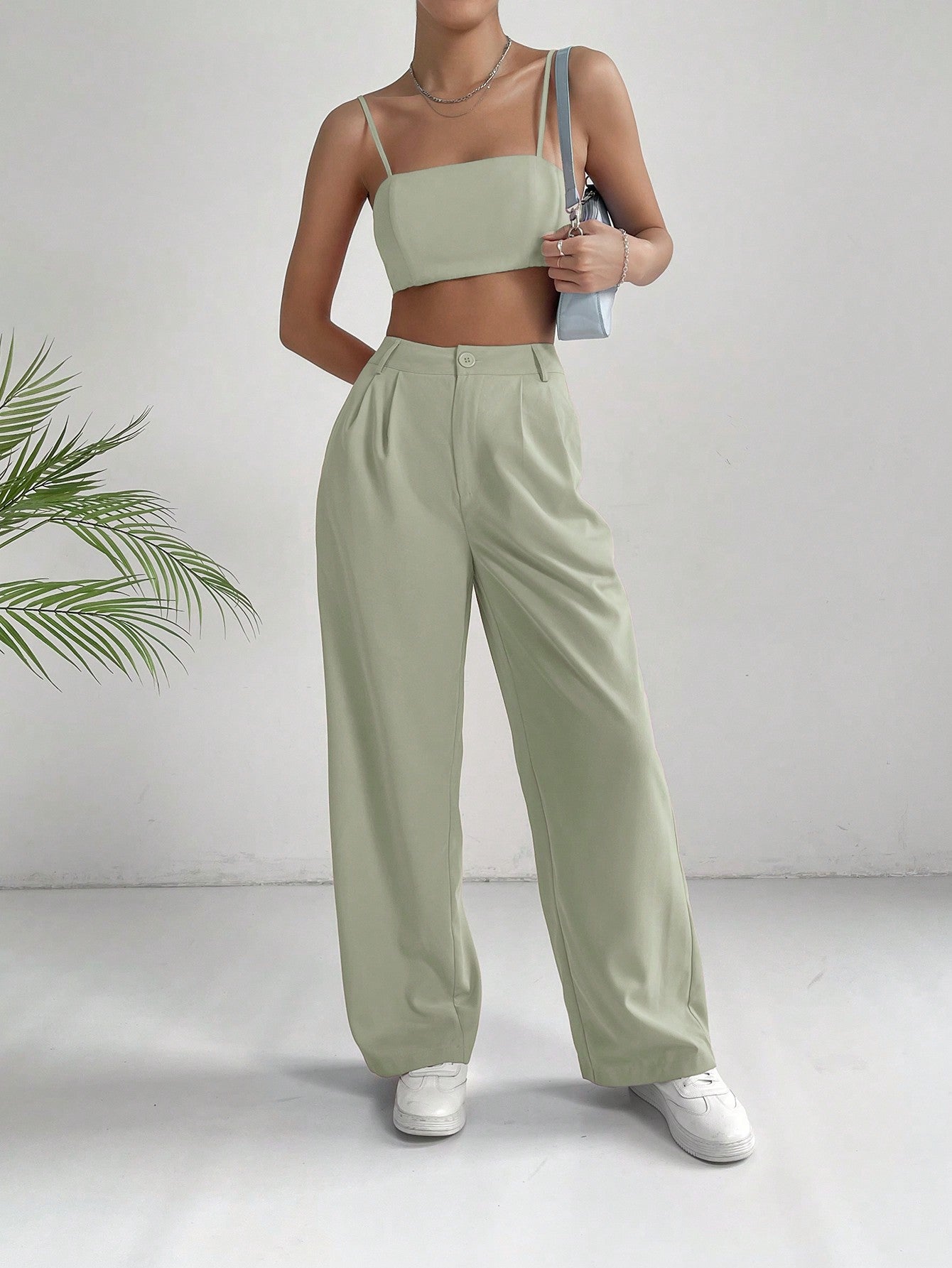 Commuting Style Pink Solid Crop Cami Top & Wide Leg Pants