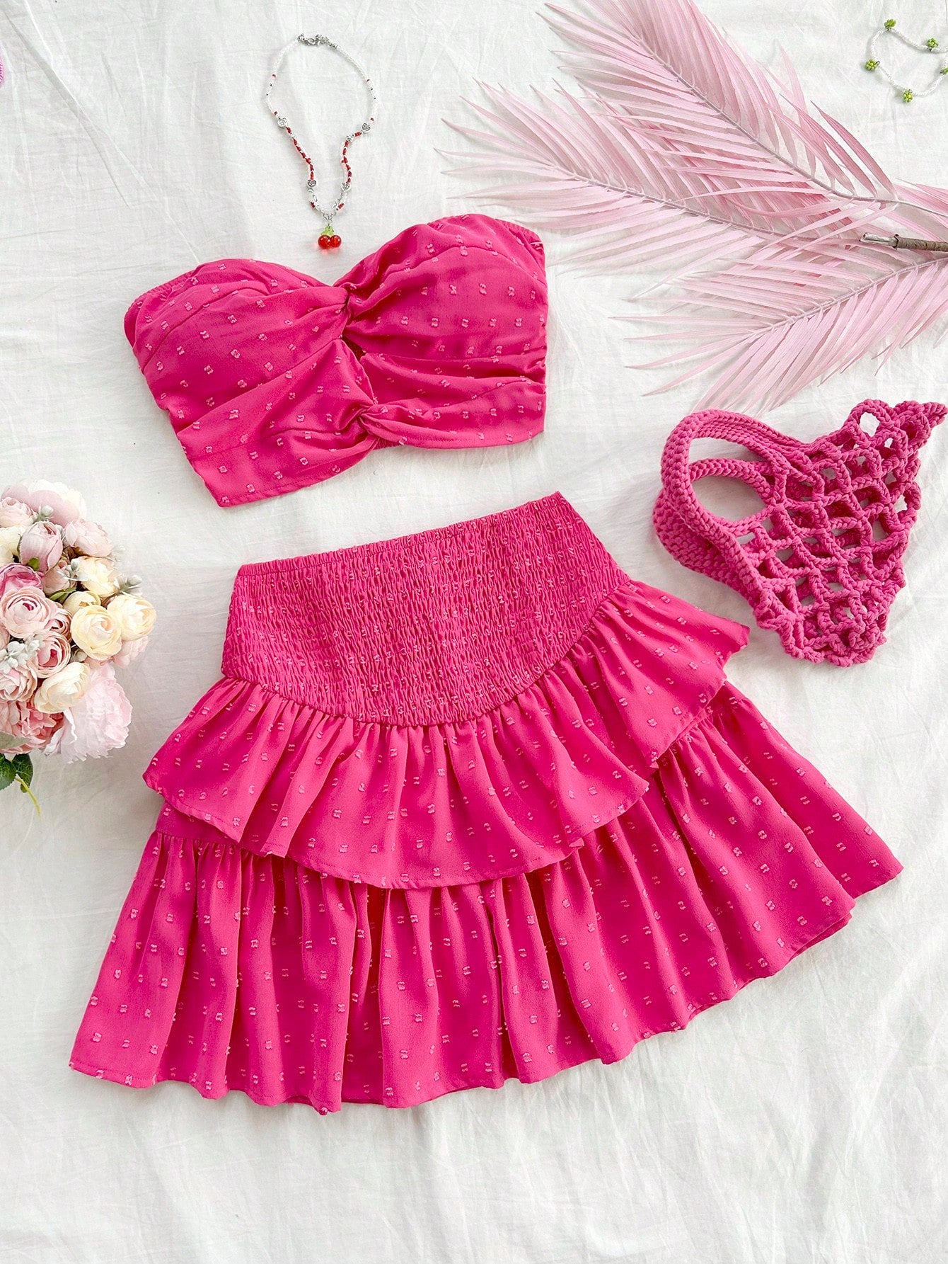 Casual Vacation Plaid Strapless Top With Twist Front And High Waist A-Line Skirt, 2pcs/Set