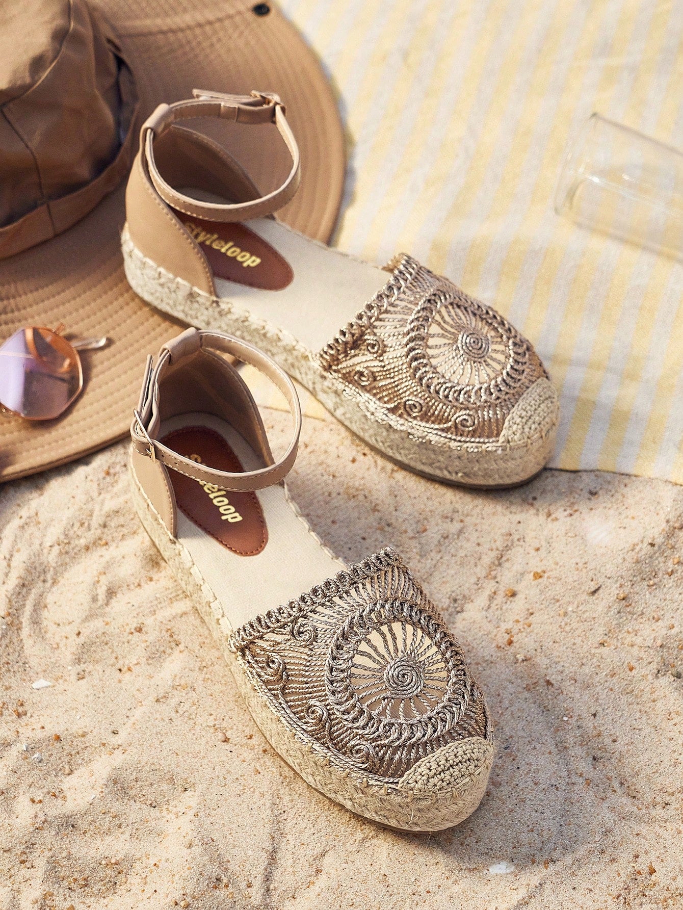 Styleloop Woman Shoes Geometric Textured Espadrille Ankle Strap Flats For Summer Vacation Shoes Summer Sale  Back To School Shoes College Student Shoes Boho Feels Vintage Cottagecore Frenchy Shoes Halloween
