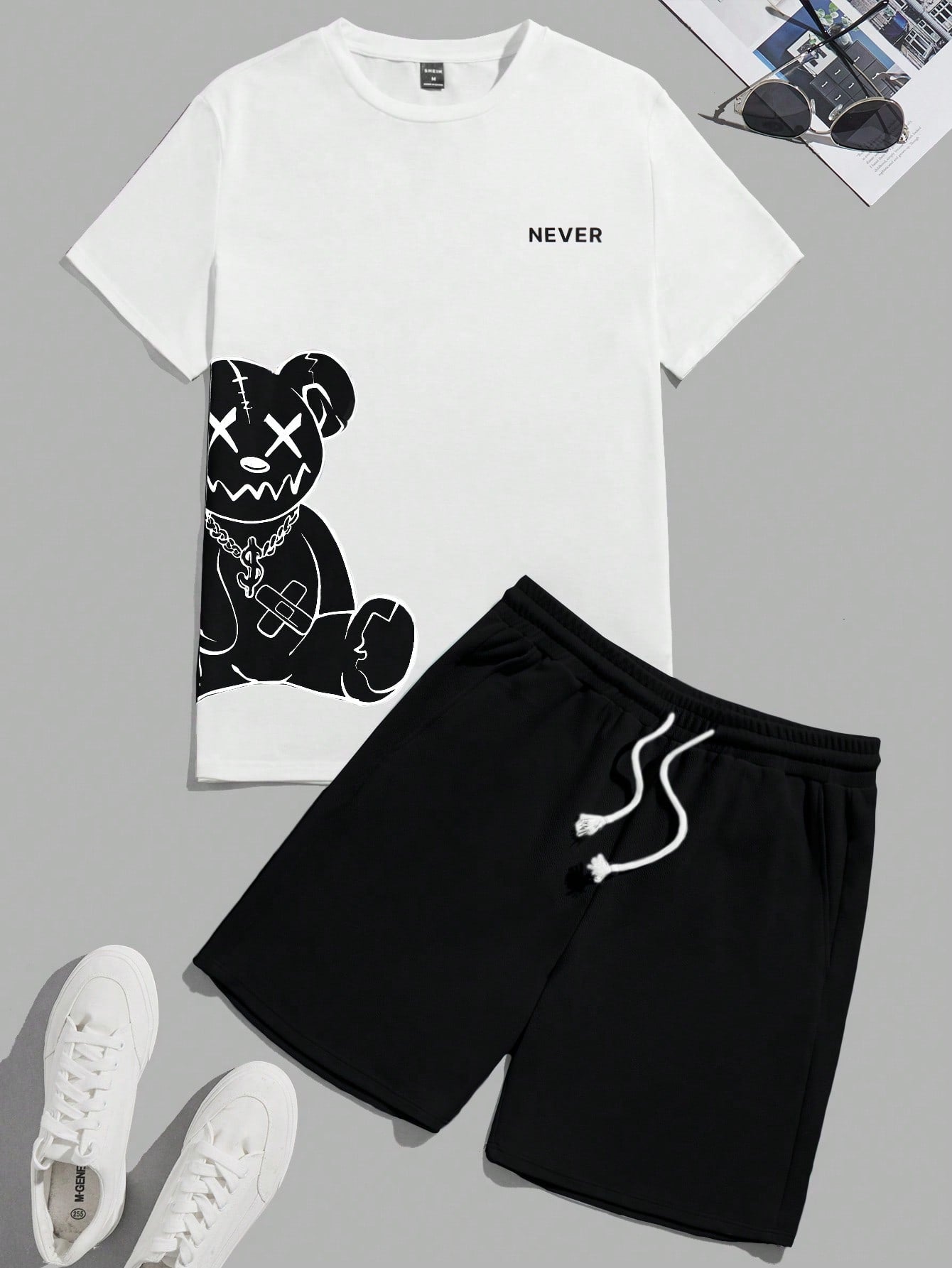 Bear Print T-Shirt And Shorts Knitting Casual Two-Piece Set