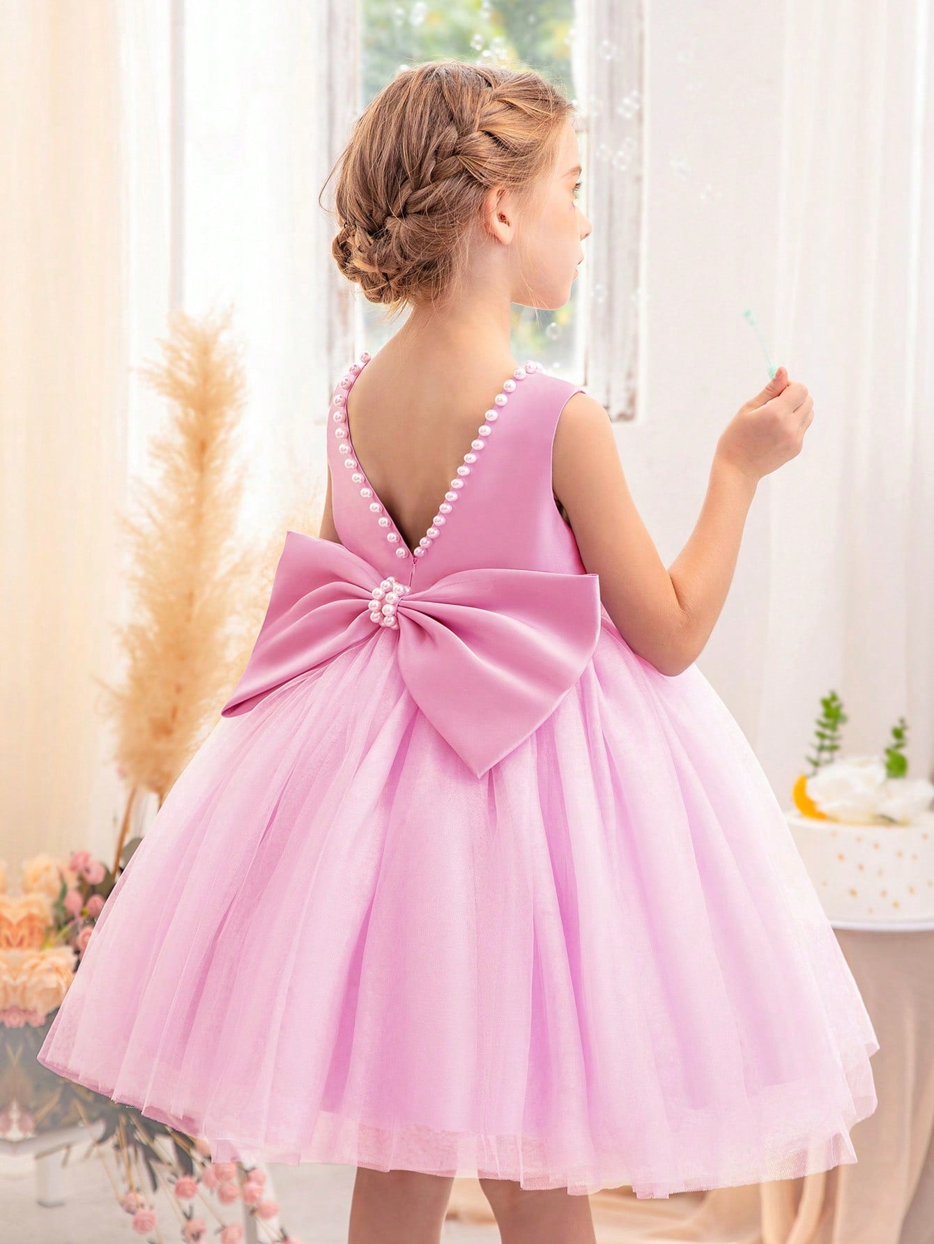 Young Girls' Pearl & Bowknot Decorated Princess Dress, Suitable For Birthday Party, Prom, Delicate Daily Outfit, Festival, Wedding, Stage Performance, Flower Girl