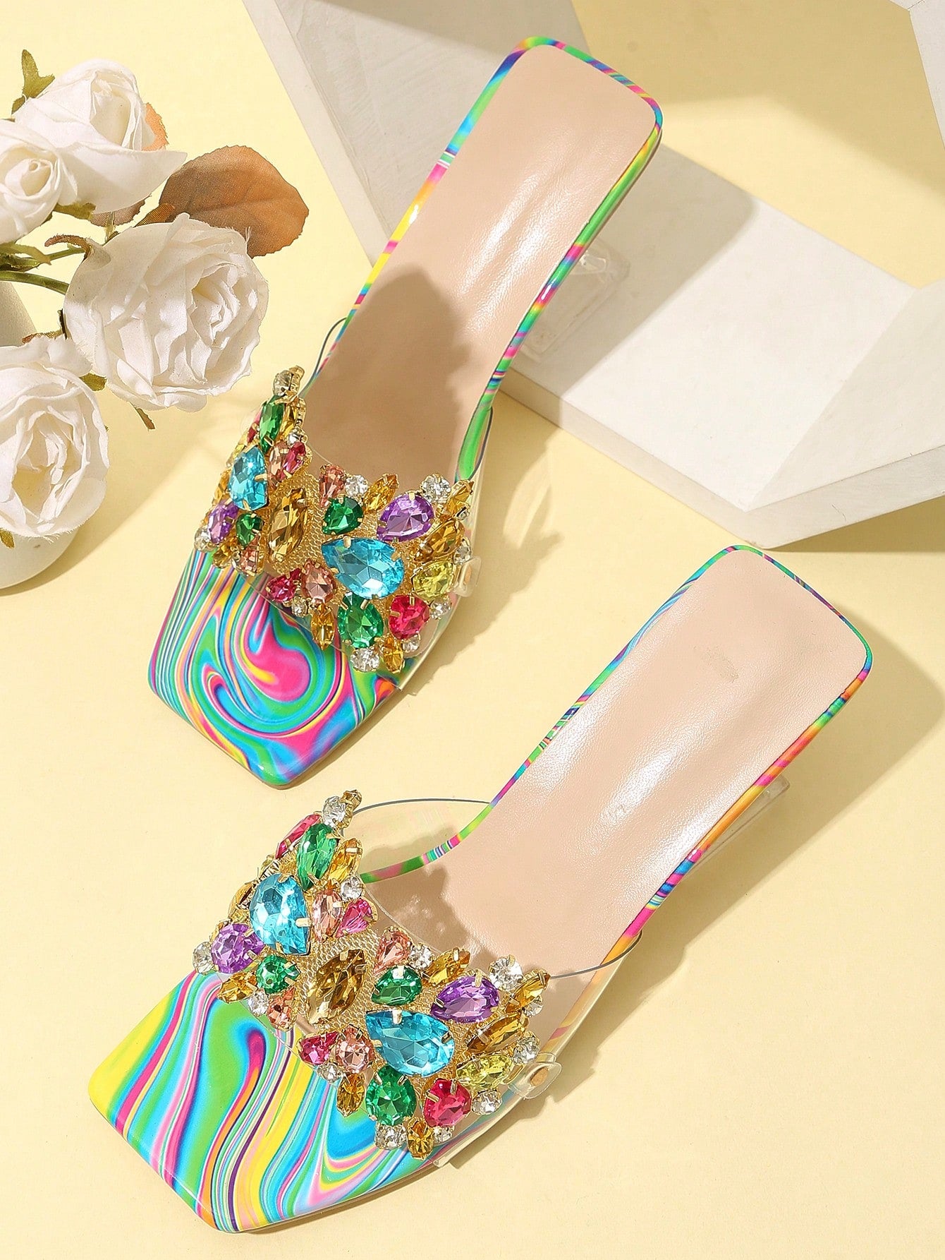 Rhinestone Decor Sculptural Heeled Mule Sandals, Purple Party Diamond & Gems Decoration Solid Color Mule Heels