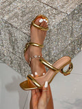Women's Fashion Outing Banquet Party Shiny Metal Square Toe Ankle Strap Gold 5.5 Cm Slip-On Special-Shaped Hollow Electroplated High-Heeled Sandals