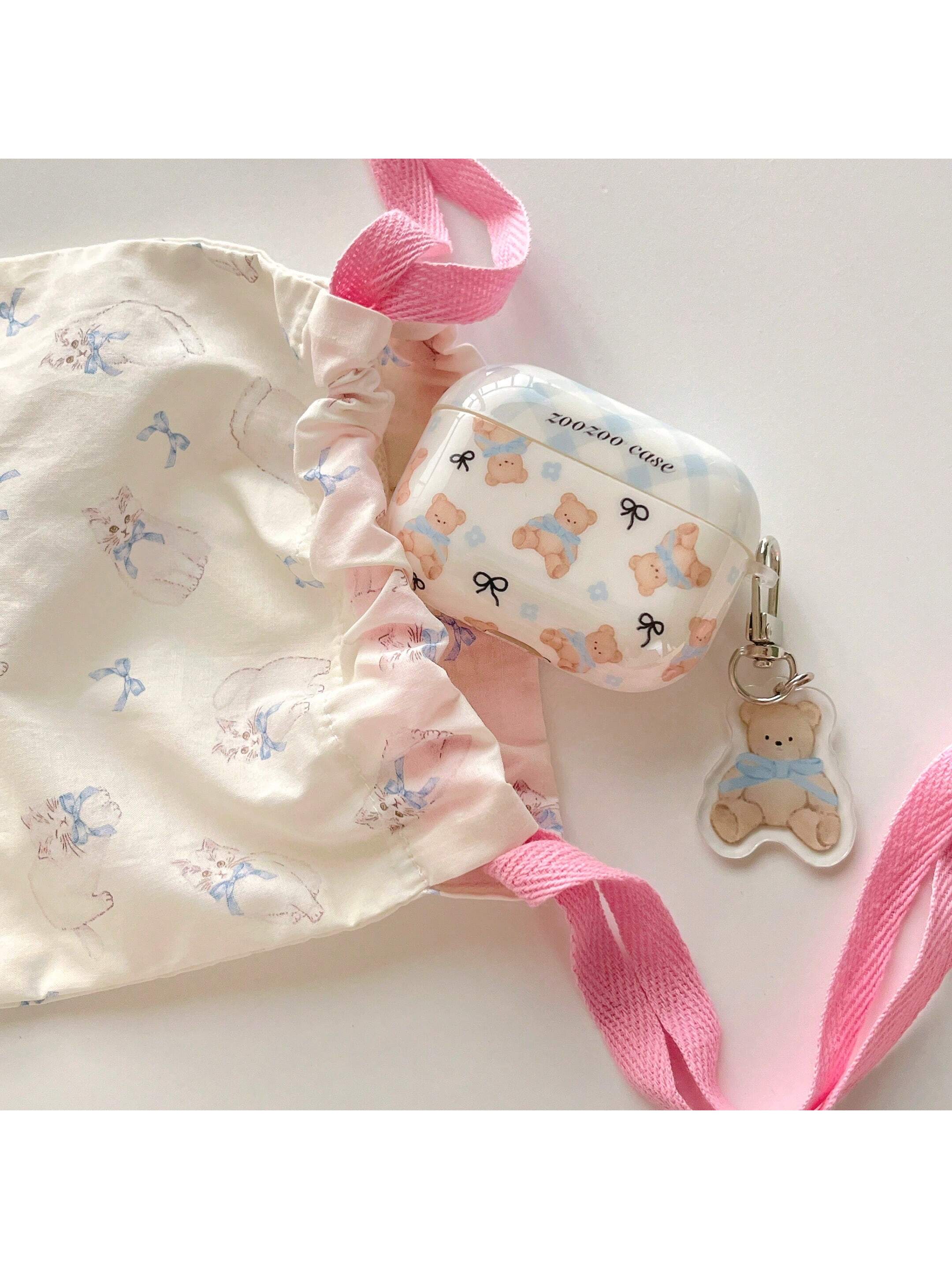 Cute Pink Bear Earphone Case With Bow Compatible With Apple AirpodsPro2/AirpodsPro/Airpods3/Airpods2