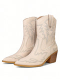 Womens Cowgirl Boots Wide Calf Cowboy Boots Mid-Calf Pointed Toe Low Block Heel Embroidered Cowgirl Outfit Boots