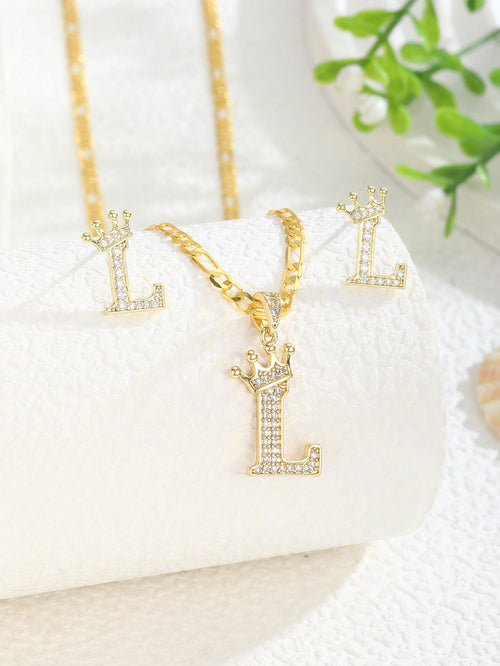 1pc Crown Initial Letter Necklace & 1 Pair Stud Earrings Copper Jewelry Set Suitable For Children Fashion Party Accessory For Boys Girls Birthday Gift For Daily Life