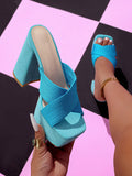 Women's Chunky Heel Peep Toe Mule Sandals, Nude Color Knitted Fabric, Breathable Slip-On Shoes, Waterproof Platform, Sexy Party Shoes For Summer