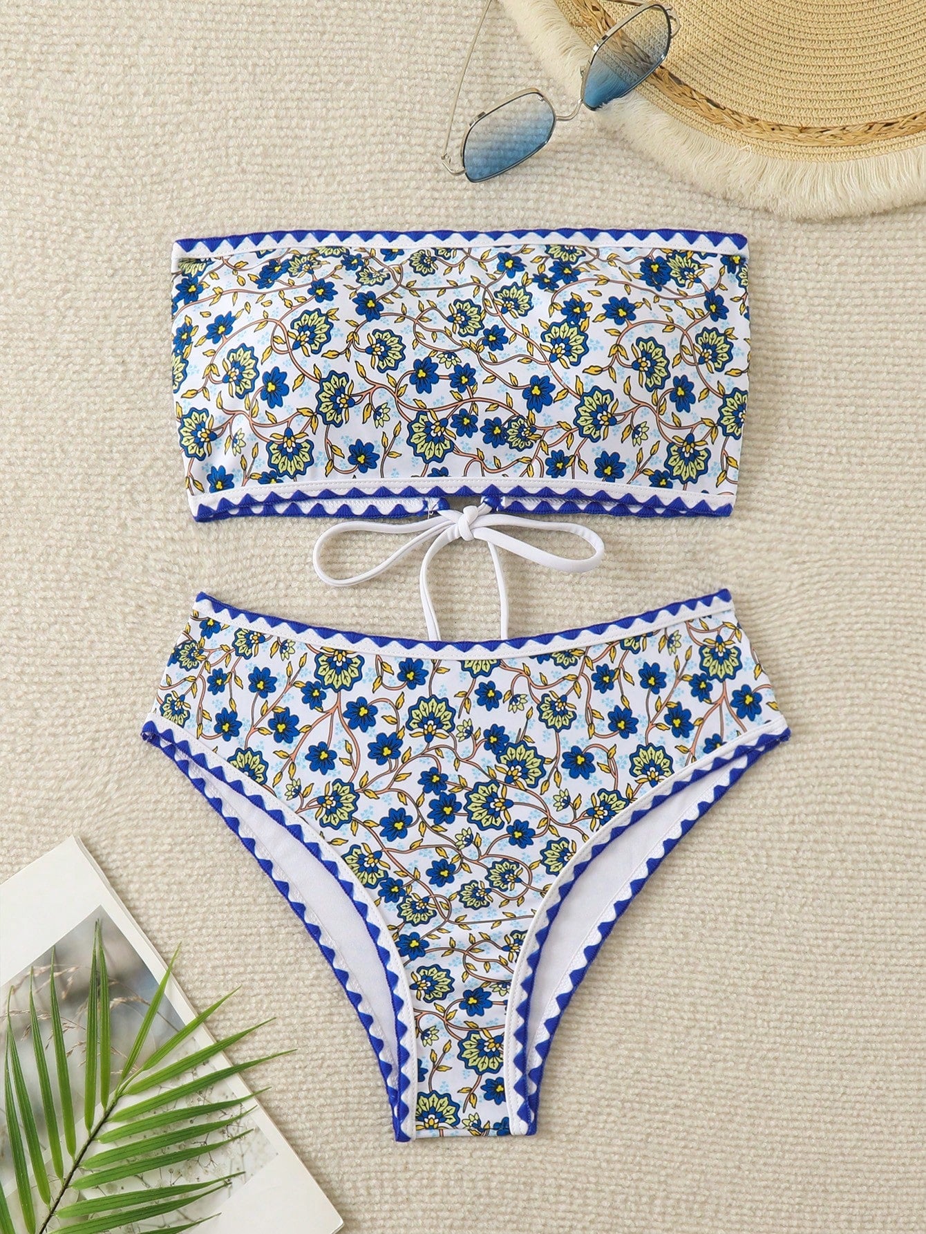 Swim Women's Floral Print Strapless Bikini Set, Random Print, Bandeau Two Piece Swimwear Bathing Suit Beach Outfit Summer Vacation,Summer Beach