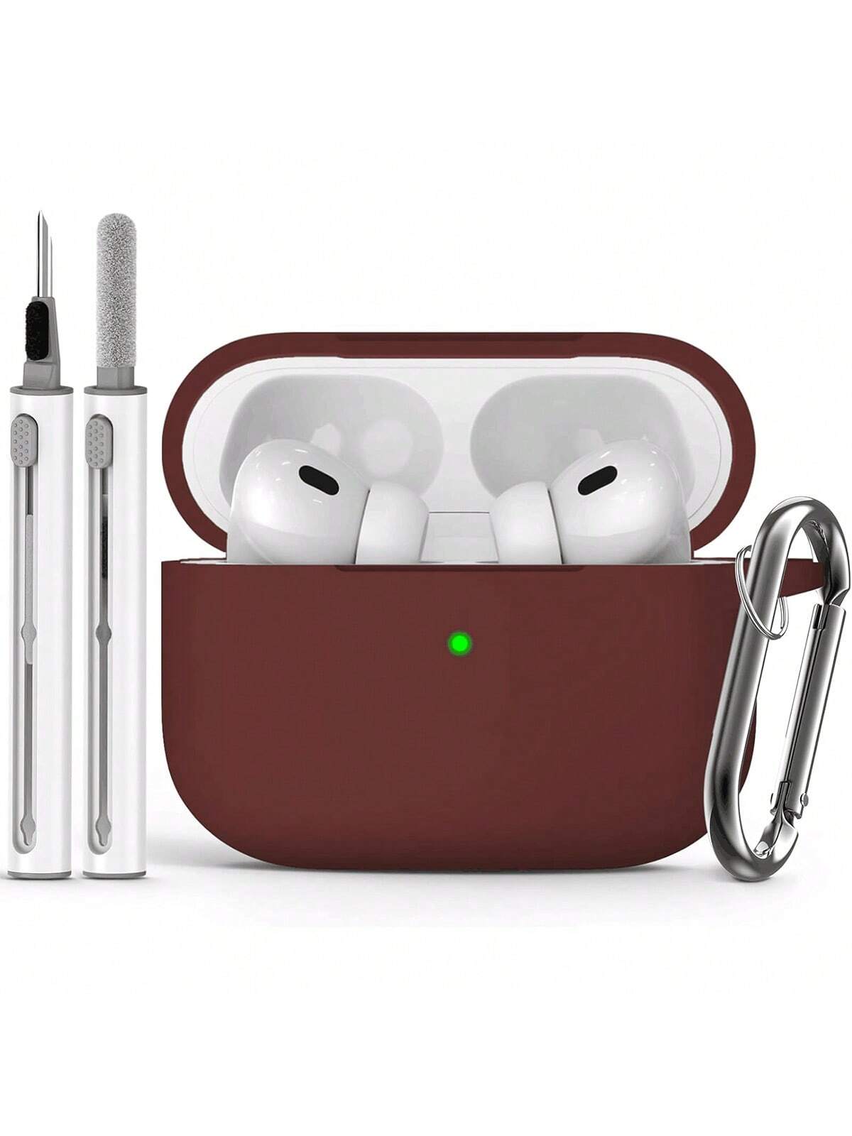 Pink 1pc Solid Color Silicone Airpods Protective Cover With Climbing Buckle Strap And Cleaning Pen