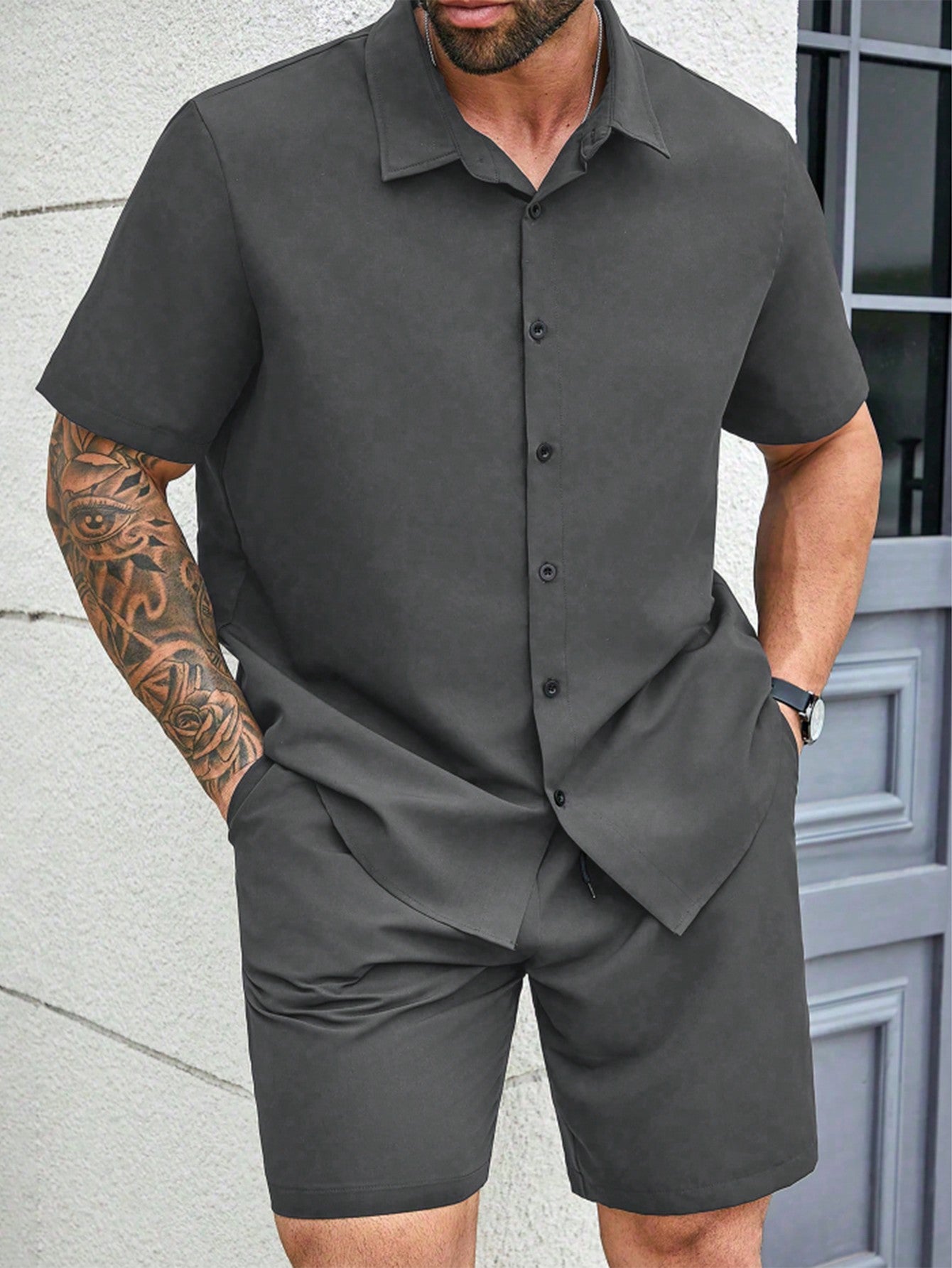 Plus Size Men Solid Color Turn-Down Collar Front Button Short Sleeve Shirt + Pocketed Shorts Business Suit