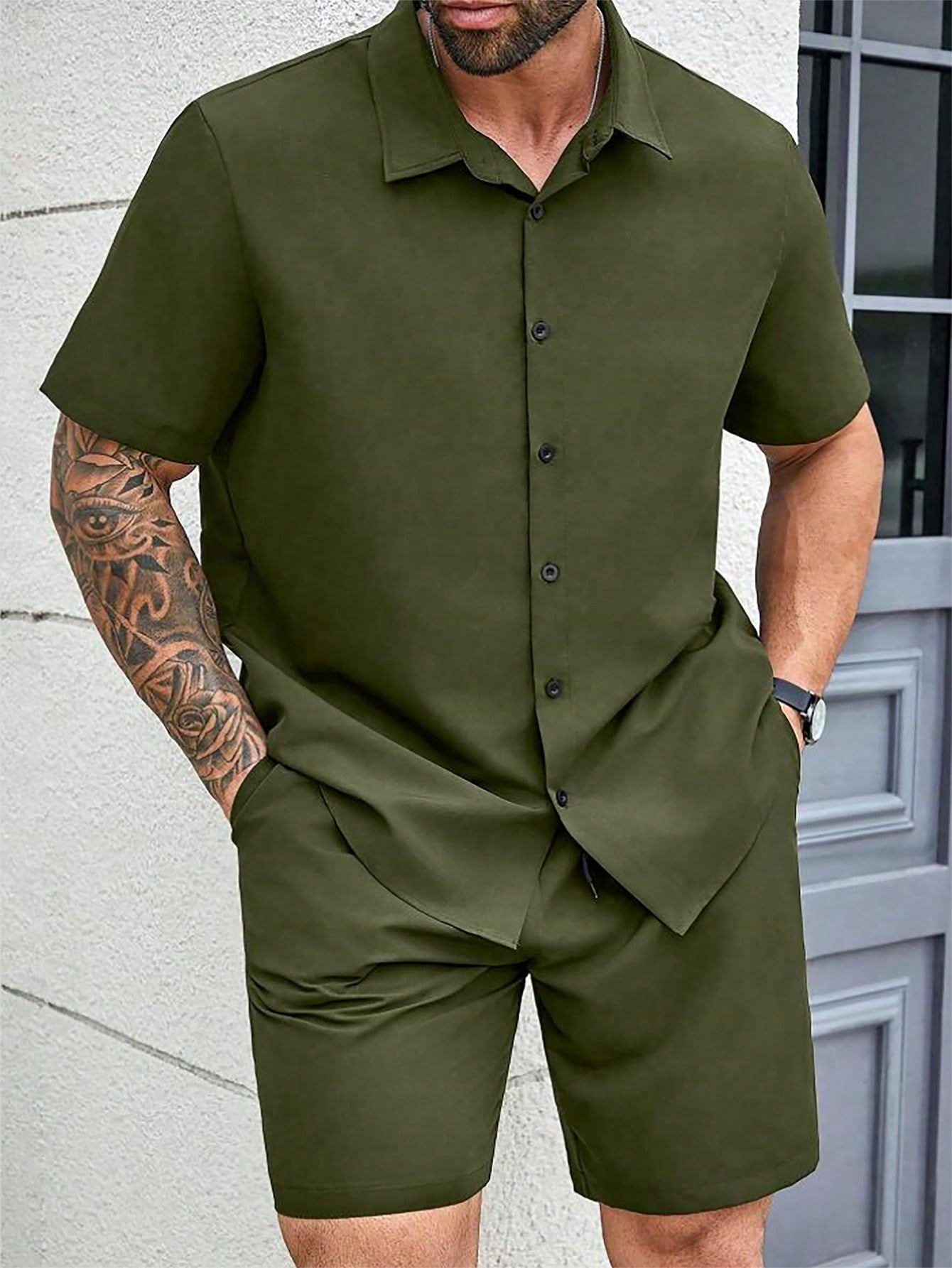 Men's Plus Size Summer Business Casual Solid Color Short Sleeve Shirt And Shorts Set