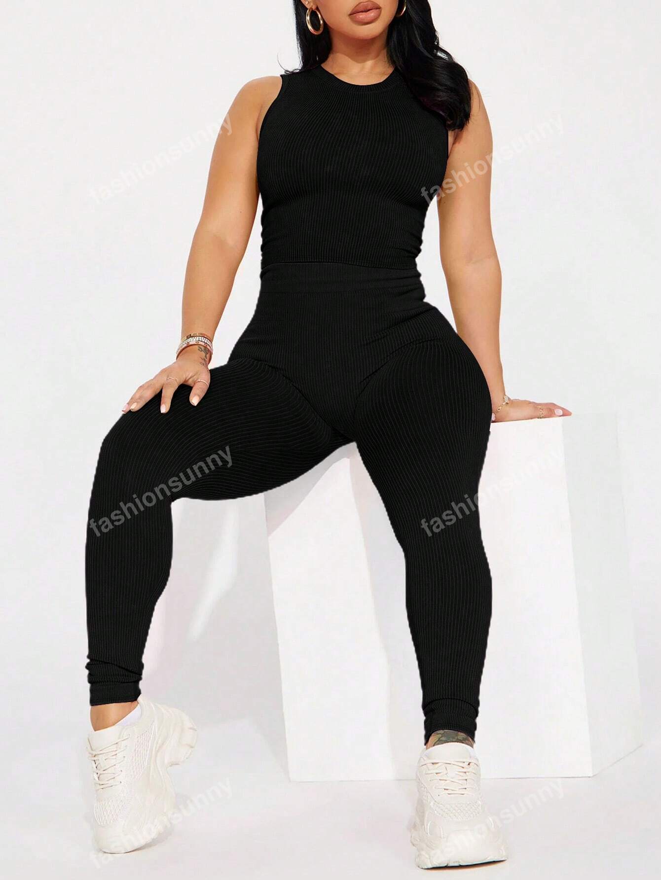 Casual Solid Color Slim Fit Vest And Long Pants Set, Spring/Summer