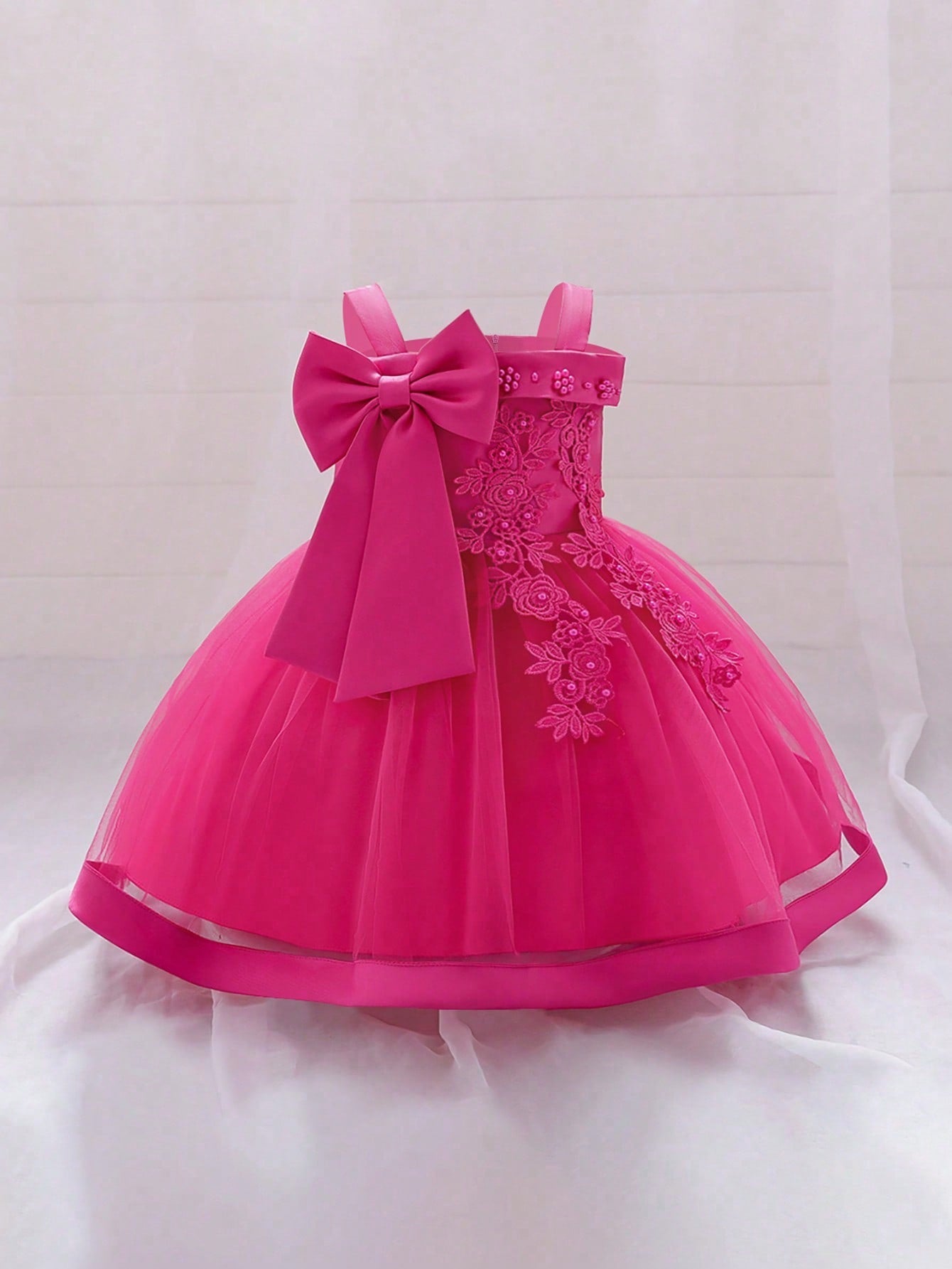 Young Girls' Solid Color Tulle Satin Strap Dress With Bowknot Decoration, Elegant And Gorgeous Dress Suitable For Birthday Party