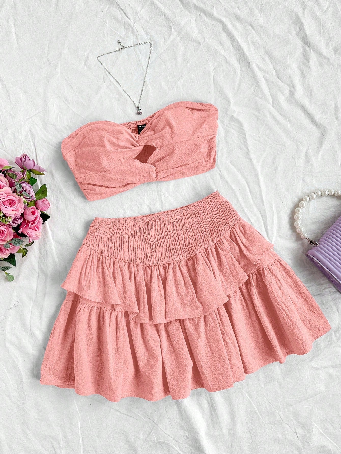 Casual Vacation Plaid Strapless Top With Twist Front And High Waist A-Line Skirt, 2pcs/Set