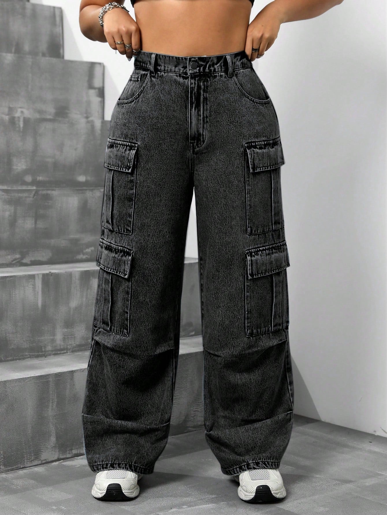 Plus Size Women's High Waisted Wide Leg Jeans With Pockets