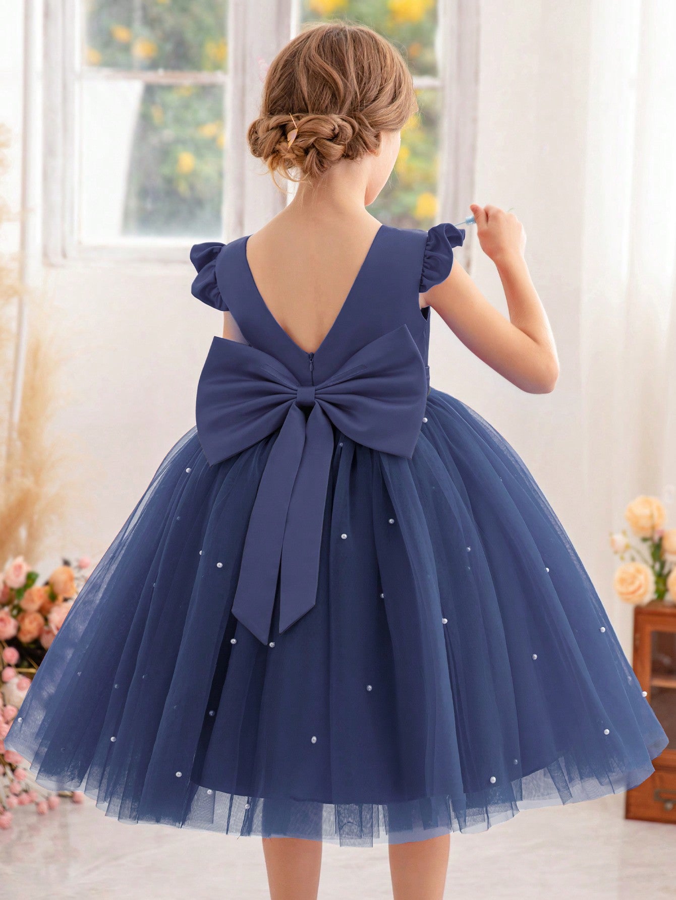 Young Girl Flutter Sleeve Mesh Party Dress, Suitable For Birthday Party, Dance Party, Casual Wear, Instrumental Performance, Stage Performance, Etc.