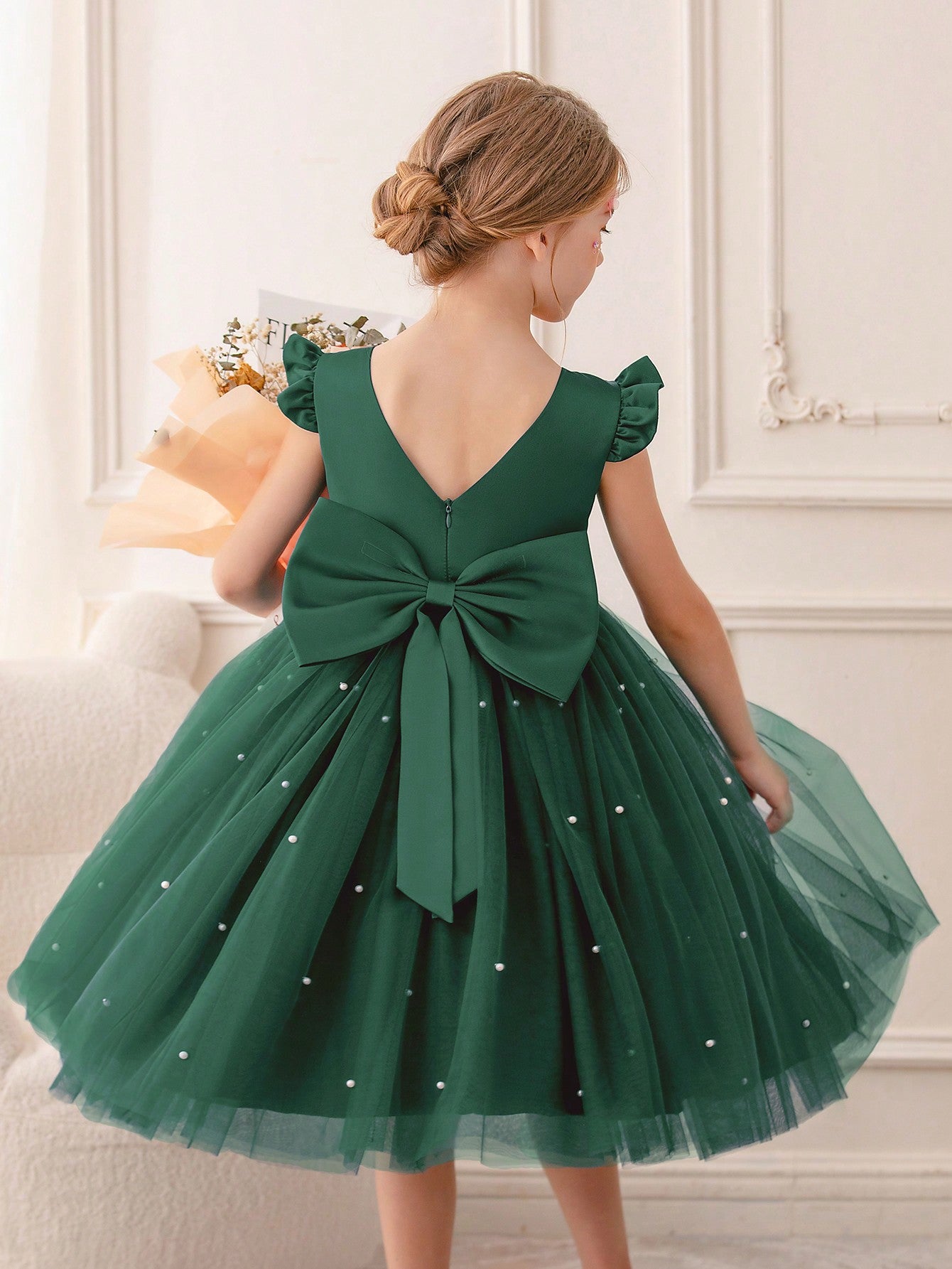 Young Girl Flutter Sleeve Mesh Party Dress, Suitable For Birthday Party, Dance Party, Casual Wear, Instrumental Performance, Stage Performance, Etc.
