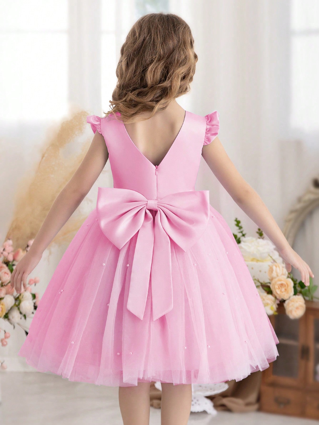 Young Girl Flutter Sleeve Mesh Party Dress, Suitable For Birthday Party, Dance Party, Casual Wear, Instrumental Performance, Stage Performance, Etc.