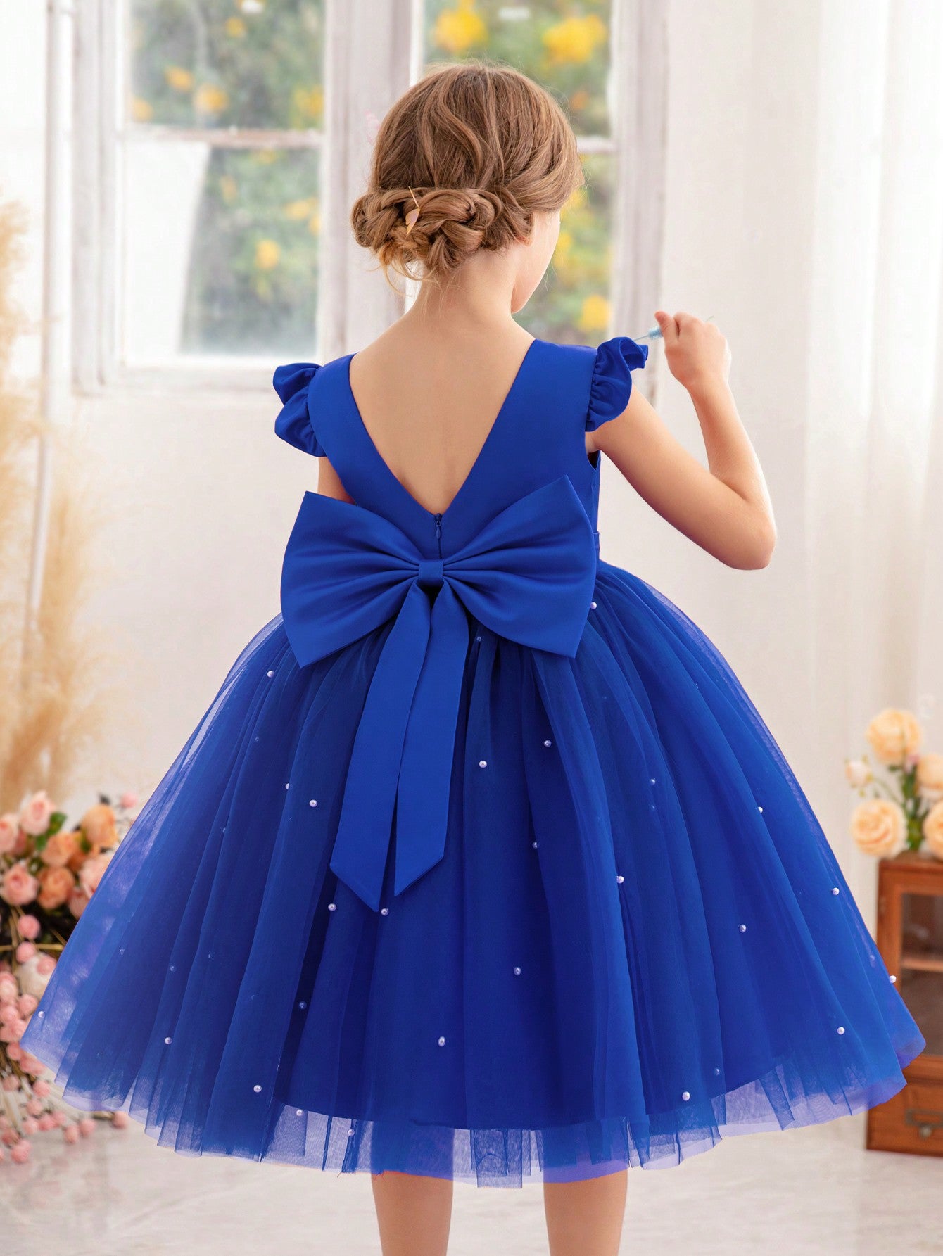 Young Girl Flutter Sleeve Mesh Party Dress, Suitable For Birthday Party, Dance Party, Casual Wear, Instrumental Performance, Stage Performance, Etc.