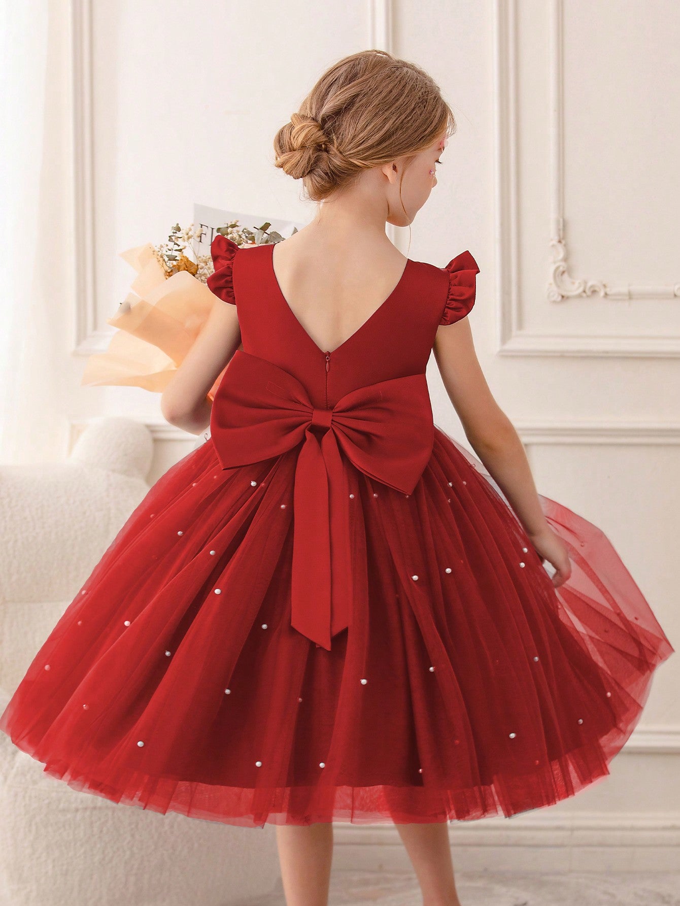 Young Girl Flutter Sleeve Tulle Formal Dress, Suitable For Birthday Party, Dance Party, Casual, Daily Wear, Musical Performance, And Stage Costume
