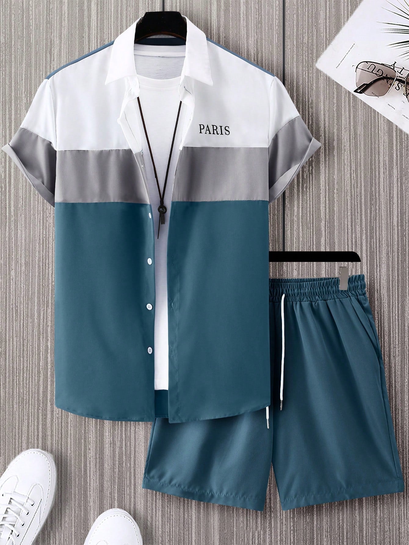 Plus Size Men's Color Block Letter Printed Short Sleeve Shirt And Drawstring Waist Shorts Casual Set, Summer