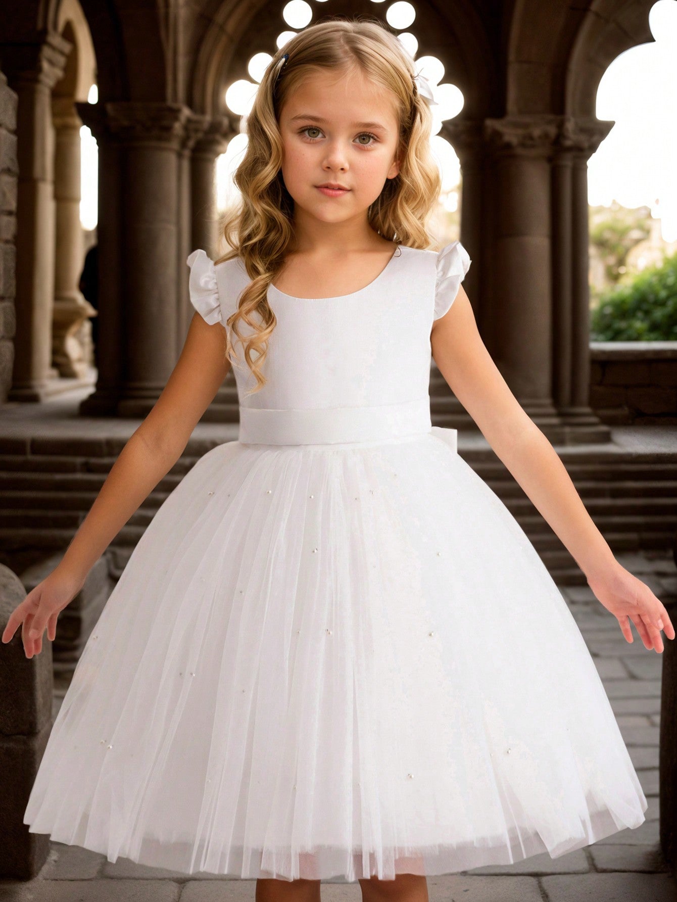 Young Girl Flutter Sleeve Mesh Party Dress, Suitable For Birthday Party, Dance Party, Casual Wear, Instrumental Performance, Stage Performance, Etc.