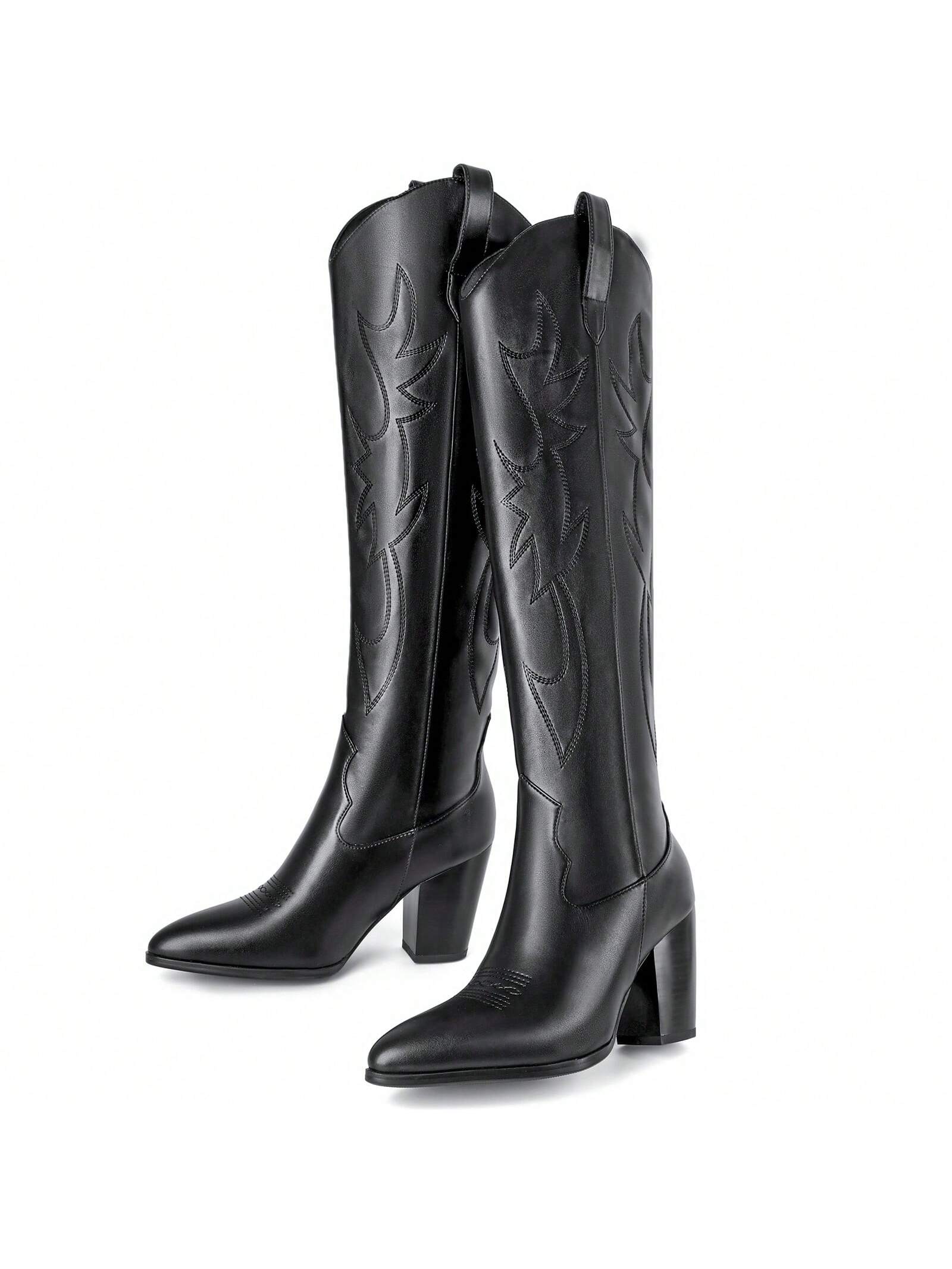 Cowboy Boots For Women Embroidered Cowgirl Boots Pointed Toe Chunky Block Heel Pull On Western Knee High Boots