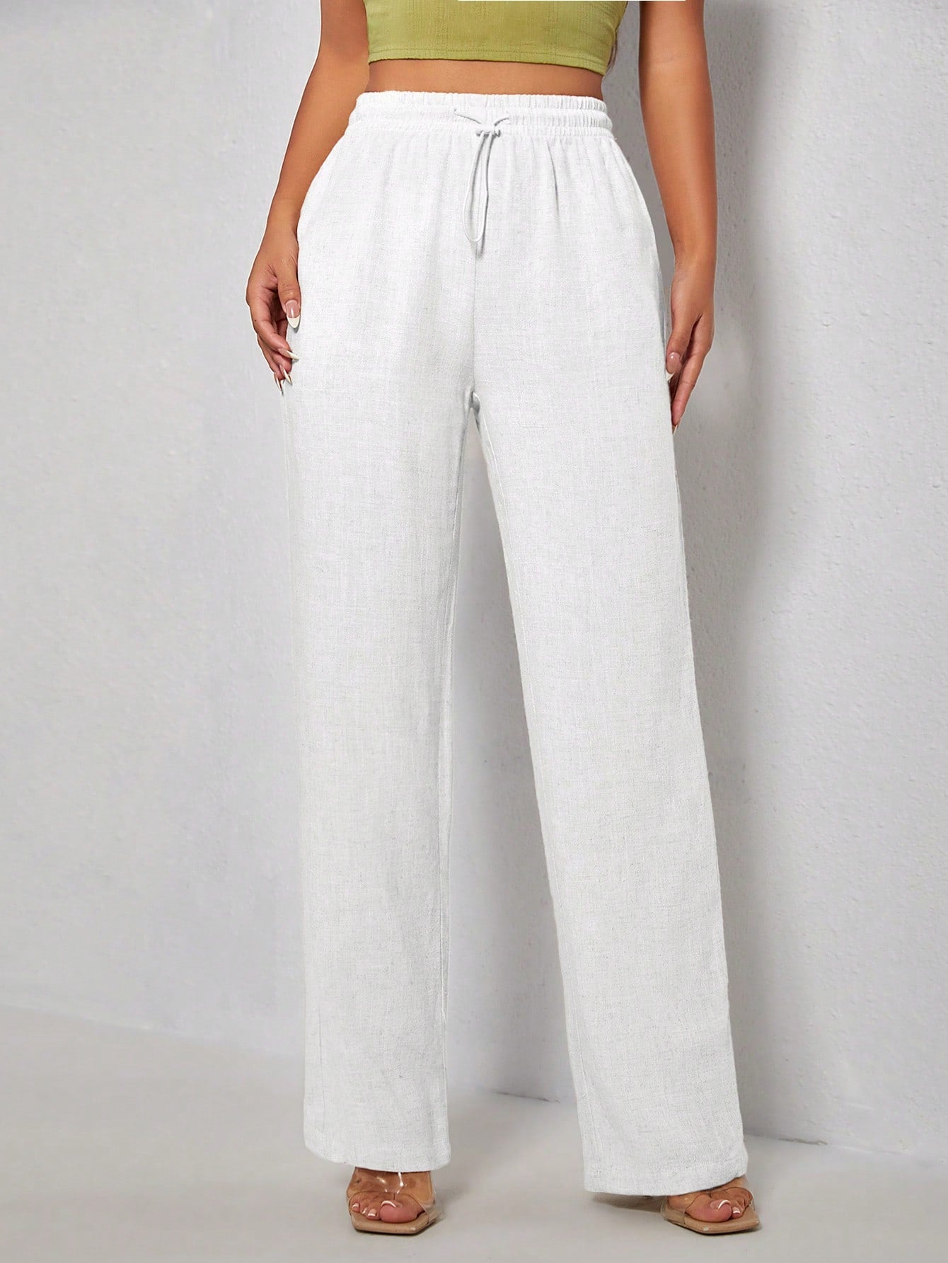 Ladies' Drawstring Waist Straight-Legged Long Pants, Casual Solid Color